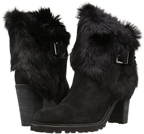 Schutz Black Suede Rabbit Fur Lug Sole Stacked Heel Ankle Booties