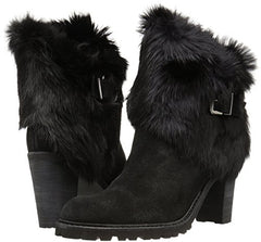 Schutz Black Suede Rabbit Fur Lug Sole Stacked Heel Ankle Booties