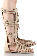 West Blvd Nairobi Nude Leather Flat Open Toe Knee High Gladiator Fringe Sandals