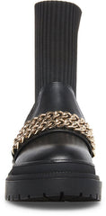 Steve Madden Zyla Black Leather Pull On Chain Detailed Moto Fitted Bootie