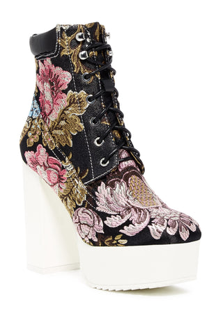 Shellys London Evan Black Floral Lace Up Chunky Platform Heel Boots