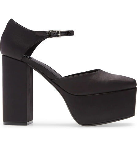Jeffrey Campbell Ovr-N-Out Black Satin Square-Toe Ankle Strap Platform Pump