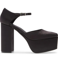 Jeffrey Campbell Ovr-N-Out Black Satin Square-Toe Ankle Strap Platform Pump