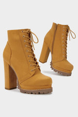 Liliana Monclair-1 Camel Lug Sole LaceUp Chunky Heel Platform Combat Booties