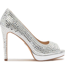 Lauren Lorraine Candie-12 Silver Crystal Embellished Peep Toe Platform Formal Pumps