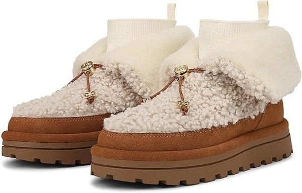 Sam Edelman Olin Natural/Harvest Brown Round Toe Fur Platform Pull On Ankle Boot