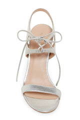Pour La Victoire Elisa Ankle Strap Open Toe Stiletto Heel Leather Silver Sandal