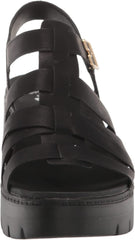 Dr. Scholl's Check It Out Black Smooth Ankle Strap Open Toe Wedge Heel Sandals