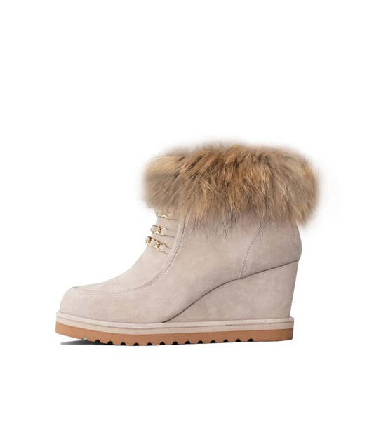 Cecelia New York Torre Taupe Pull On Fur Ankle Rounded Toe Gold Chain Boots
