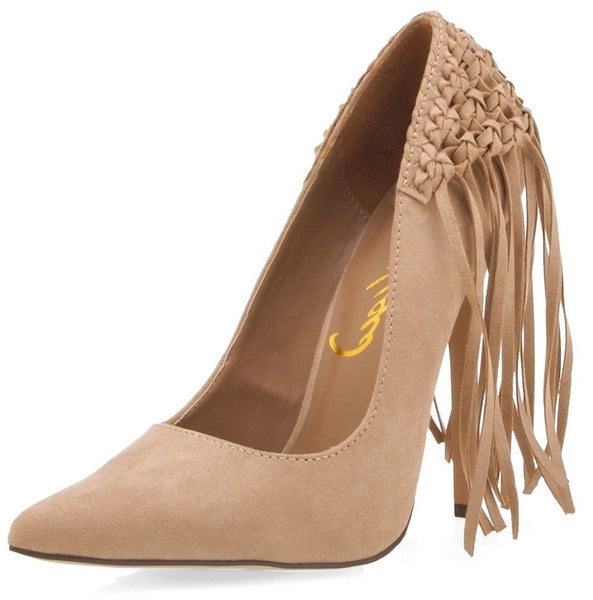 Privileged Tipsy Pointed Single Sole High Pitch Stiletto Heeled Fringe Pumps