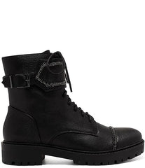 Jessica Simpson Karia Round toe Lace-up Buckled Wrap Strap Combat Boots Black