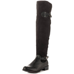 Caliente PartyBus Black Vegan Leather Suede Stacked Heel Over The Knee Boots