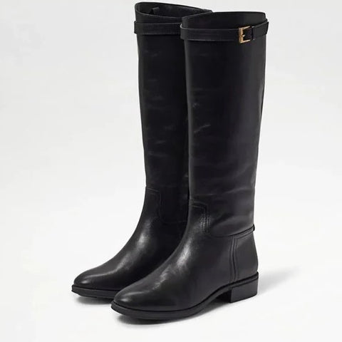 Sam Edelman Pierce Black Almond Toe Pull On Stacked Heel Riding Knee High Boots