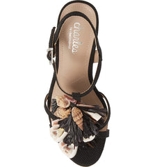 Charles David La Jolla Black Floral Raffia T-strap Platform Open Wedge Sandals