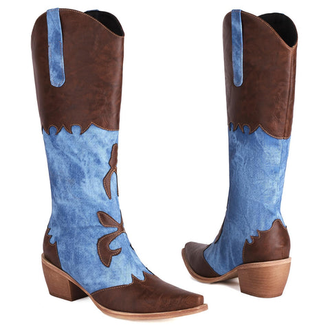 Cozivwaiy Women Denim Cowboy Boots Patchwork Knee High Boots Colorblock Western Cowgirl Mid Calf Jeans Shoes Pointed Toe Chunky Heel Pull On