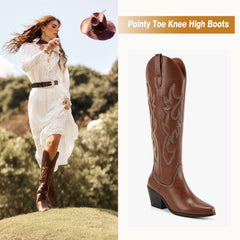 Brown Cowboy Brown Western Chunky Pointed Toe Zip Knee Platform Knee Boots 8