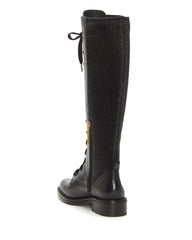 Louise et Cie Voshell Black Leather Tall Lace-Up Round Toe Combat Knee High Boots