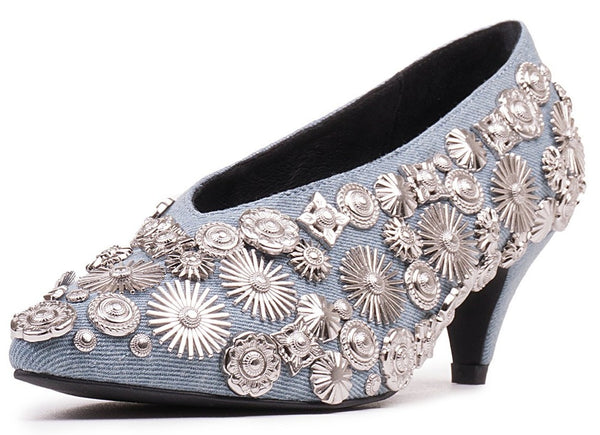 Jeffrey Campbell Carla-Embellished Blue Denim Silver Pointed Kitten Heeled Pumps