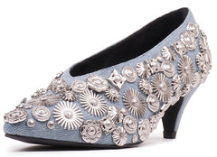 Jeffrey Campbell Carla-Embellished Blue Denim Silver Pointed Kitten Heeled Pumps