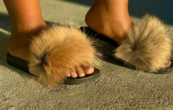 Liliana Nomi-17 Tan Luxury Real Raccon Fur Slippers Slides Flat Soles Mule (9)