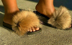 Liliana Nomi-17 Tan Luxury Real Raccon Fur Slippers Slides Flat Soles Mule (9)