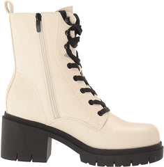 Nine West Juna3 Ivory Lace Up Chunky Block Heel Rounded Toe Combat Ankle Boots