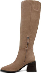 Sam Edelman Wade Warm Sand Stacked Block Heel Pointy Toe Knee High Fashion Boots