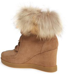 Cecelia New York Holly Wedge Bootie Chestnut Tan Suede Fur Lace Up Platform Boot