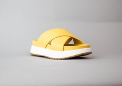 Cecelia New York UMA Yellow Platform Criss Cross Straps Wedge Slide Mule Sandals