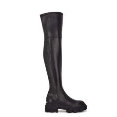 Nine West Cellie3 Black Leather Lug Sole Thigh High Fitted Over the Knee Boots