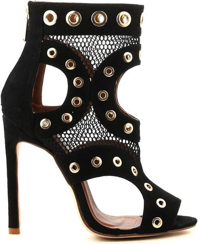 Cape Robbin June-13 Black Grommet Mesh Open Toe Cut-out Sandals Booties Heels