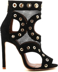 Cape Robbin June-13 Black Grommet Mesh Open Toe Cut-out Sandals Booties Heels