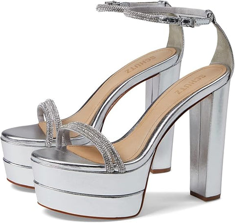 Schutz Fabienne Silver Prata Fashion Ankle Strap Open Toe Platform Heeled Sandals 8