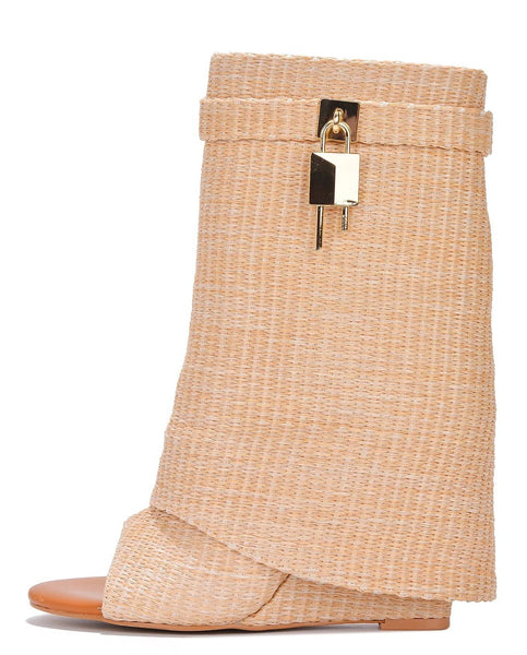 Cape Robbin Betterworld Nude Wedge Heel Rounded Open Toe Lock Accent Ankle Boots