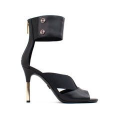 Cecelia New York Mirror Black Open Toe Gold Stiletto Heel Stretch Strap Sandals