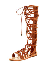 Schutz Krista Caramel Brown Leather Tie Lace Up Braided Gladiator Flat Sandals