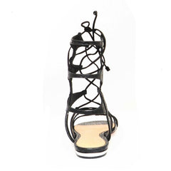 Schutz Erlina Black Croco Leather Flat Criss Cross Straps Gladiator Sandals