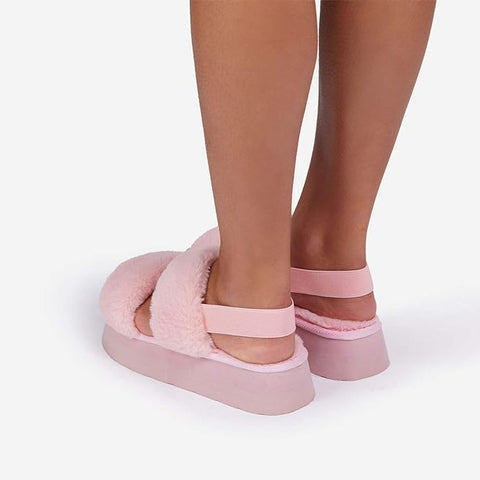 Luxemoda Tata Fluffy Stripe Platform Slip On Open Toe Faux Fur Slippers