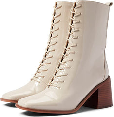 Sam Edelman Westie Linen Leather Chunky Heel Squared Toe Lace Up Mid-Calf Boots