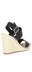 Steve Madden Uri Black Leather Open Toe Espadrille Buckle Closure Wedge Sandals