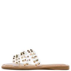 Cape Robbin Amisha Clear Gold Open Toe Mule Classic Toe Slides Flat Sandals