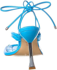 Schutz Meghan True Blue Clear Lace Up Open Toe Stiletto High Heel Thong Sandals