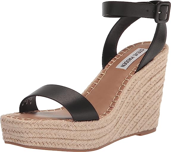 Steve Madden Upstage Black Leather Ankle Strap Open Toe Wedge Heeled Sandals