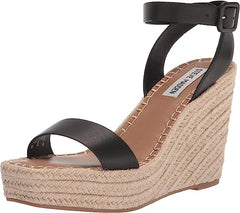 Steve Madden Upstage Black Leather Ankle Strap Open Toe Wedge Heeled Sandals