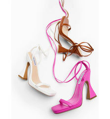 Steve Madden Lafayette Fuchsia Spool Heel Lace Up Open Squared Toe Tie Up Sandal