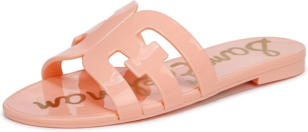 Sam Edelman Bay Pink Rosette Round Open Toe Slip On Leather Strap Slide Sandals