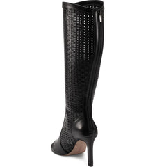 Vince Camuto Shelrica Black Open Peep Toe Woven Shaft Knee High Open Toe Boot