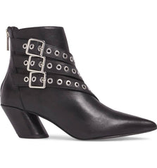 Shellys London Frasier Black Leather Grommet Buckle Strap Angled Block Heel Boot