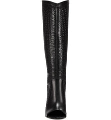 Vince Camuto Shelrica Black Open Peep Toe Woven Shaft Knee High Open Toe Boot