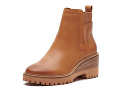 Vince Camuto Dendra Light Cognac Leather Wedge Gore Bootie Ankle Heeled Boot